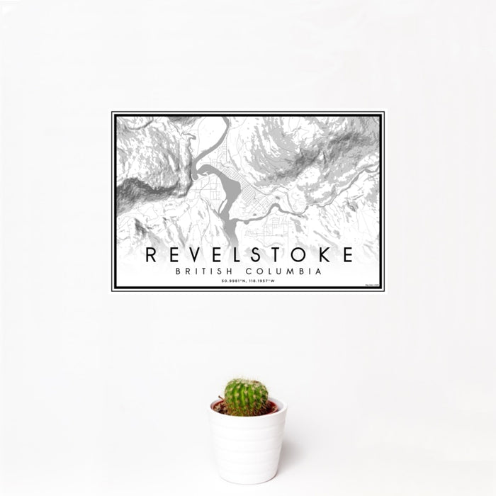 12x18 Revelstoke British Columbia Map Print Landscape Orientation in Classic Style With Small Cactus Plant in White Planter