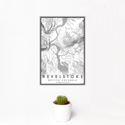 12x18 Revelstoke British Columbia Map Print Portrait Orientation in Classic Style With Small Cactus Plant in White Planter