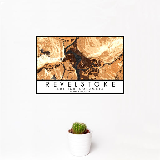 12x18 Revelstoke British Columbia Map Print Landscape Orientation in Ember Style With Small Cactus Plant in White Planter