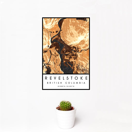 12x18 Revelstoke British Columbia Map Print Portrait Orientation in Ember Style With Small Cactus Plant in White Planter