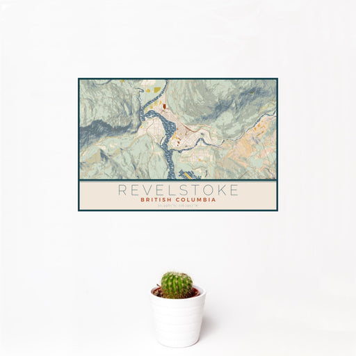 12x18 Revelstoke British Columbia Map Print Landscape Orientation in Woodblock Style With Small Cactus Plant in White Planter