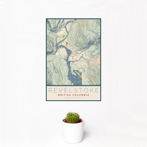 12x18 Revelstoke British Columbia Map Print Portrait Orientation in Woodblock Style With Small Cactus Plant in White Planter