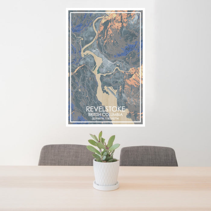 24x36 Revelstoke British Columbia Map Print Portrait Orientation in Afternoon Style Behind 2 Chairs Table and Potted Plant