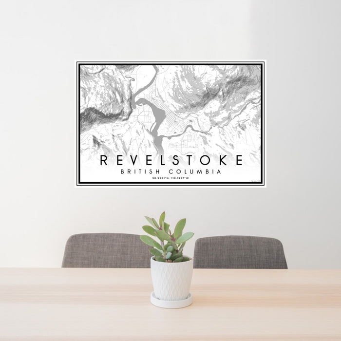 24x36 Revelstoke British Columbia Map Print Lanscape Orientation in Classic Style Behind 2 Chairs Table and Potted Plant