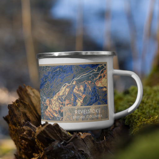 Right View Custom Revelstoke British Columbia Map Enamel Mug in Afternoon on Grass With Trees in Background