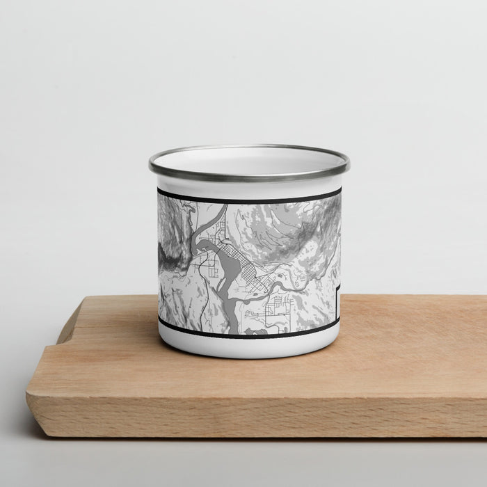 Front View Custom Revelstoke British Columbia Map Enamel Mug in Classic on Cutting Board