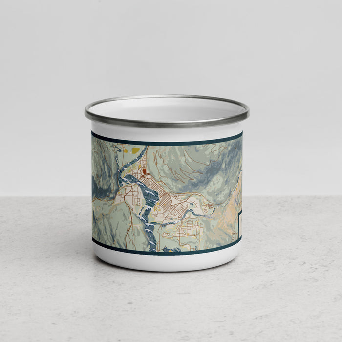 Front View Custom Revelstoke British Columbia Map Enamel Mug in Woodblock