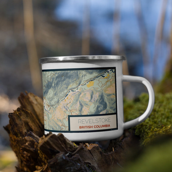 Right View Custom Revelstoke British Columbia Map Enamel Mug in Woodblock on Grass With Trees in Background