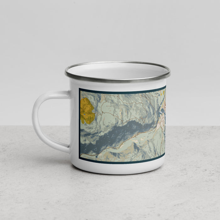 Left View Custom Revelstoke British Columbia Map Enamel Mug in Woodblock