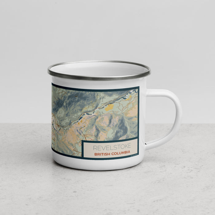 Right View Custom Revelstoke British Columbia Map Enamel Mug in Woodblock