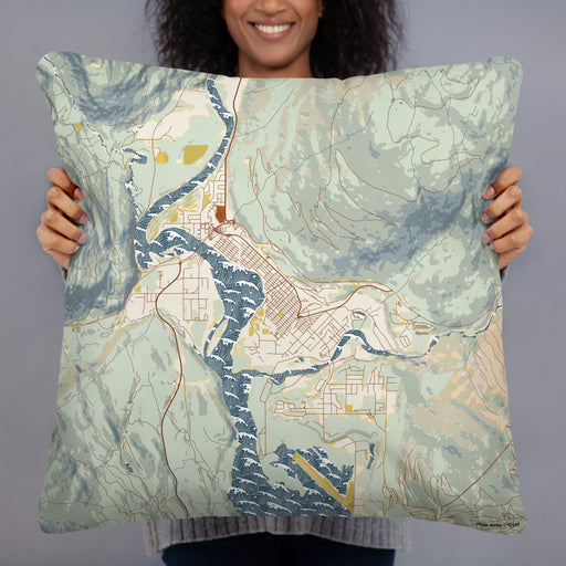 Person holding 22x22 Custom Revelstoke British Columbia Map Throw Pillow in Woodblock