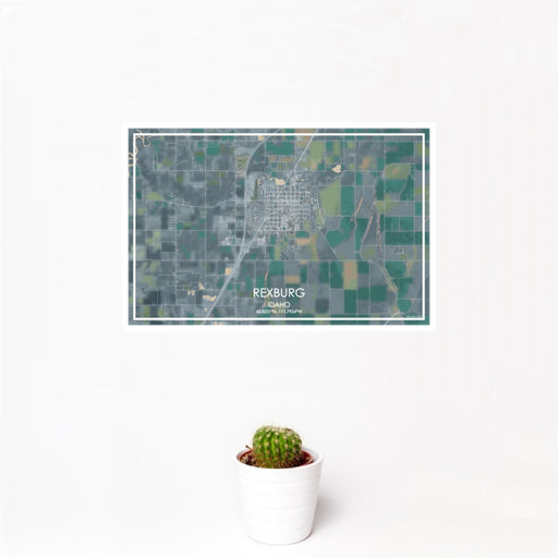 12x18 Rexburg Idaho Map Print Landscape Orientation in Afternoon Style With Small Cactus Plant in White Planter