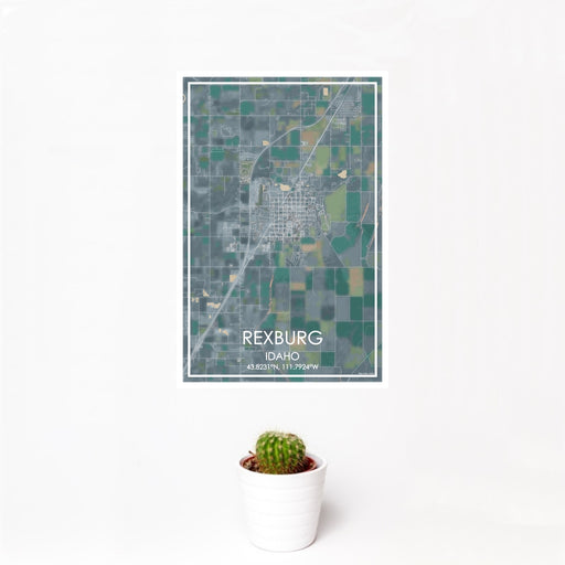 12x18 Rexburg Idaho Map Print Portrait Orientation in Afternoon Style With Small Cactus Plant in White Planter