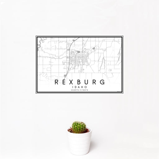 12x18 Rexburg Idaho Map Print Landscape Orientation in Classic Style With Small Cactus Plant in White Planter
