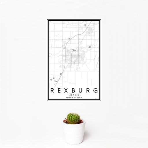 12x18 Rexburg Idaho Map Print Portrait Orientation in Classic Style With Small Cactus Plant in White Planter