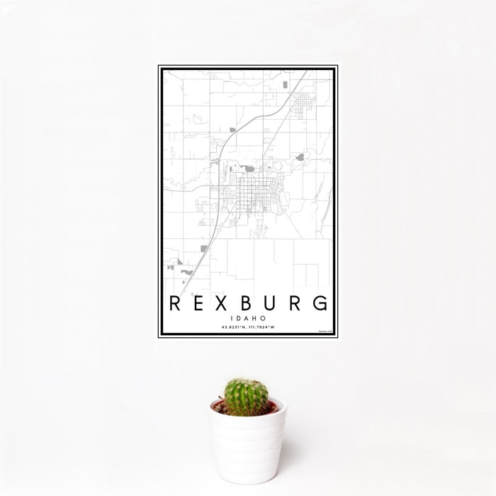 12x18 Rexburg Idaho Map Print Portrait Orientation in Classic Style With Small Cactus Plant in White Planter