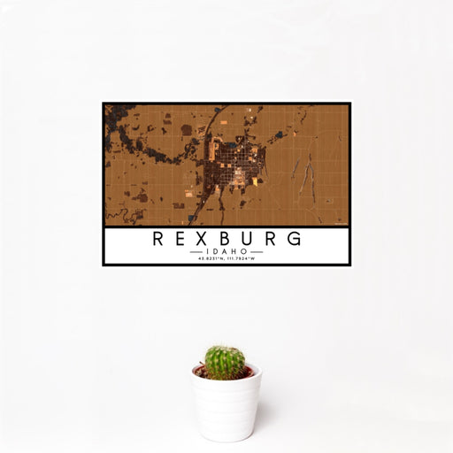 12x18 Rexburg Idaho Map Print Landscape Orientation in Ember Style With Small Cactus Plant in White Planter