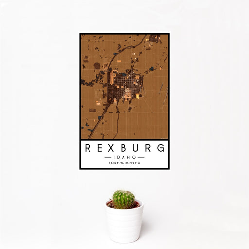 12x18 Rexburg Idaho Map Print Portrait Orientation in Ember Style With Small Cactus Plant in White Planter