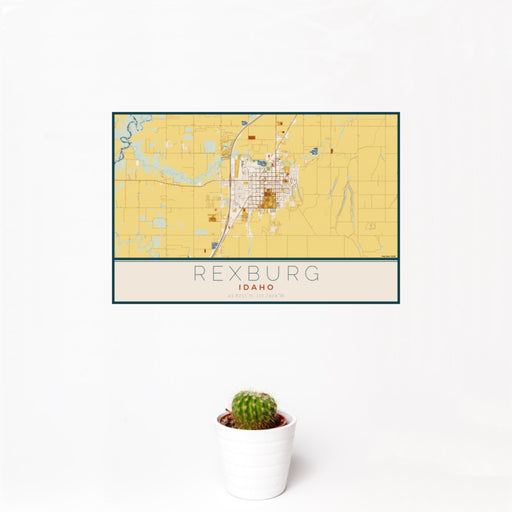 12x18 Rexburg Idaho Map Print Landscape Orientation in Woodblock Style With Small Cactus Plant in White Planter