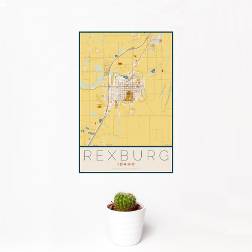 12x18 Rexburg Idaho Map Print Portrait Orientation in Woodblock Style With Small Cactus Plant in White Planter