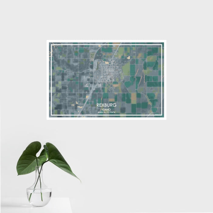 16x24 Rexburg Idaho Map Print Landscape Orientation in Afternoon Style With Tropical Plant Leaves in Water