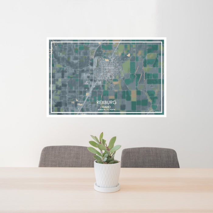 24x36 Rexburg Idaho Map Print Lanscape Orientation in Afternoon Style Behind 2 Chairs Table and Potted Plant