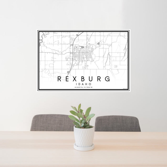 24x36 Rexburg Idaho Map Print Lanscape Orientation in Classic Style Behind 2 Chairs Table and Potted Plant