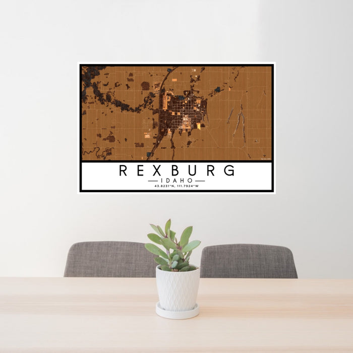 24x36 Rexburg Idaho Map Print Lanscape Orientation in Ember Style Behind 2 Chairs Table and Potted Plant