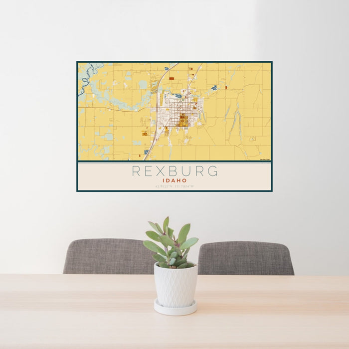 24x36 Rexburg Idaho Map Print Lanscape Orientation in Woodblock Style Behind 2 Chairs Table and Potted Plant