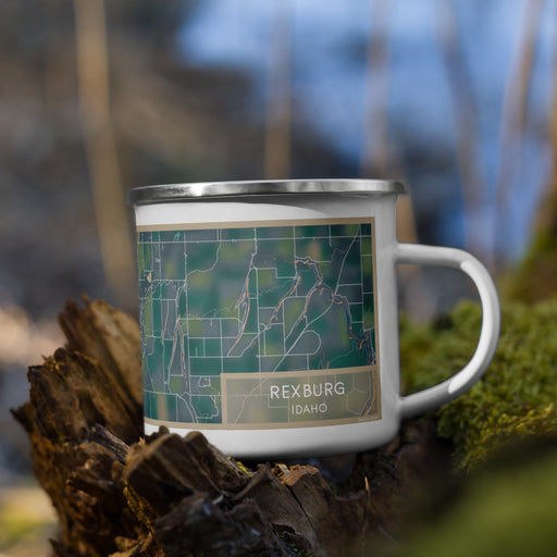 Right View Custom Rexburg Idaho Map Enamel Mug in Afternoon on Grass With Trees in Background