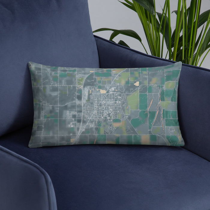 Custom Rexburg Idaho Map Throw Pillow in Afternoon on Blue Colored Chair