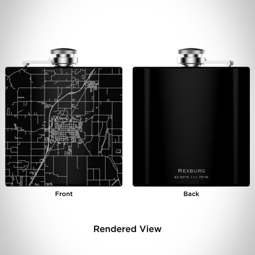 Rendered View of Rexburg Idaho Map Engraving on 6oz Stainless Steel Flask in Black