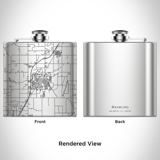 Rendered View of Rexburg Idaho Map Engraving on 6oz Stainless Steel Flask