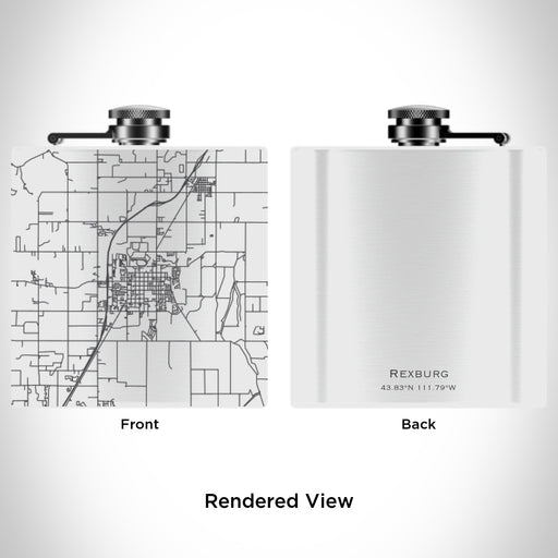 Rendered View of Rexburg Idaho Map Engraving on 6oz Stainless Steel Flask in White