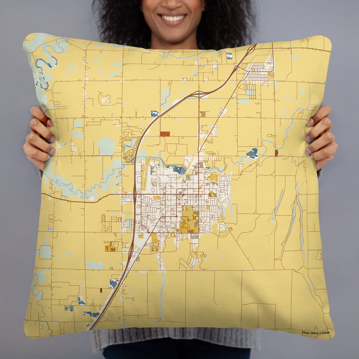 Person holding 22x22 Custom Rexburg Idaho Map Throw Pillow in Woodblock