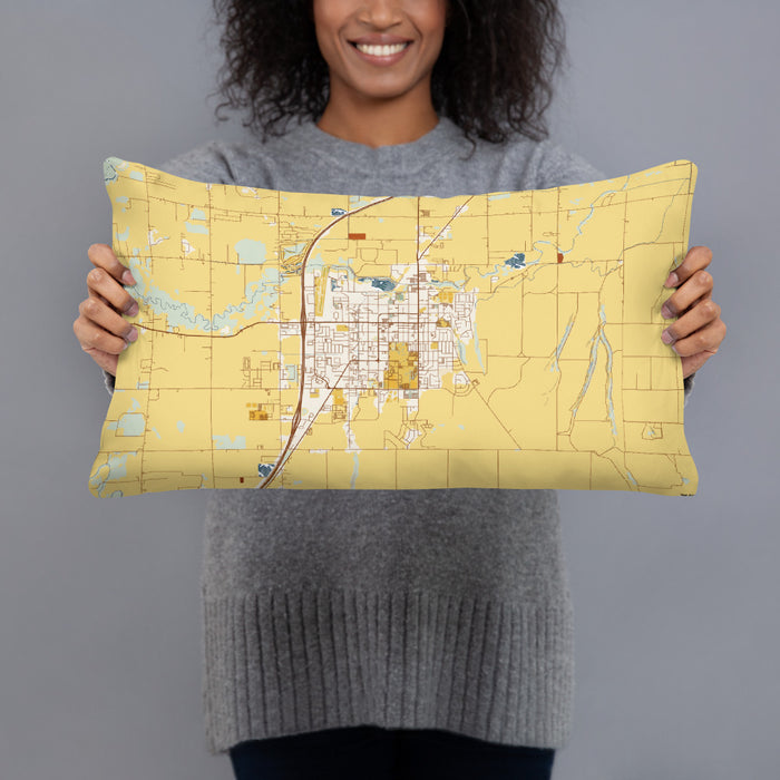 Person holding 20x12 Custom Rexburg Idaho Map Throw Pillow in Woodblock