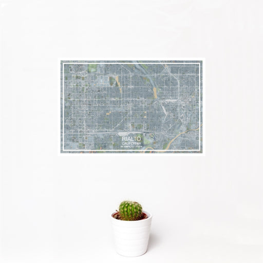 12x18 Rialto California Map Print Landscape Orientation in Afternoon Style With Small Cactus Plant in White Planter