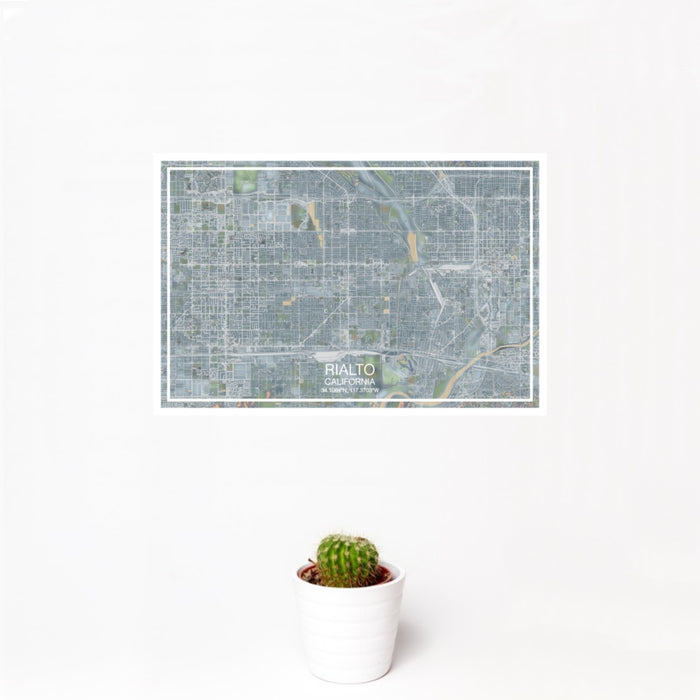12x18 Rialto California Map Print Landscape Orientation in Afternoon Style With Small Cactus Plant in White Planter
