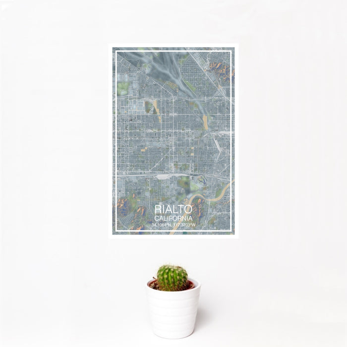 12x18 Rialto California Map Print Portrait Orientation in Afternoon Style With Small Cactus Plant in White Planter