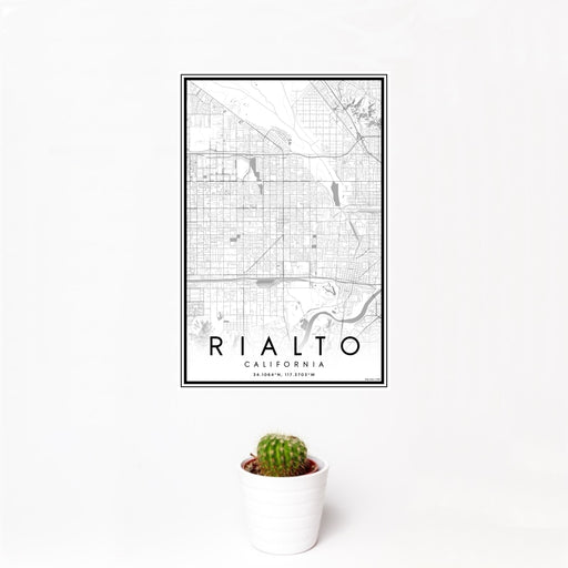 12x18 Rialto California Map Print Portrait Orientation in Classic Style With Small Cactus Plant in White Planter