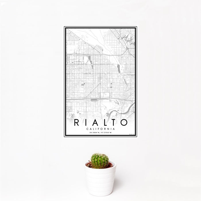 12x18 Rialto California Map Print Portrait Orientation in Classic Style With Small Cactus Plant in White Planter