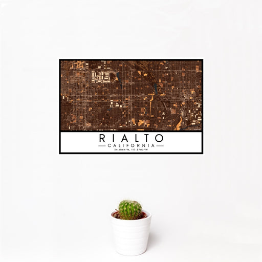 12x18 Rialto California Map Print Landscape Orientation in Ember Style With Small Cactus Plant in White Planter