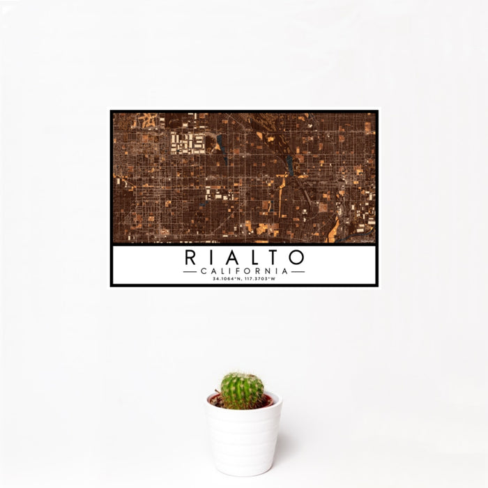 12x18 Rialto California Map Print Landscape Orientation in Ember Style With Small Cactus Plant in White Planter