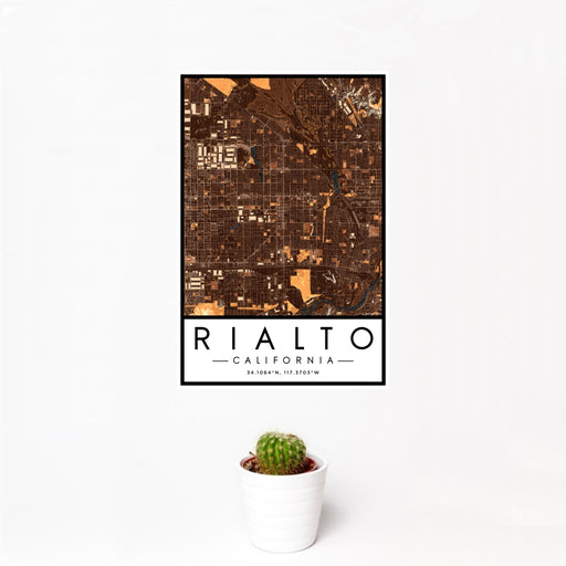 12x18 Rialto California Map Print Portrait Orientation in Ember Style With Small Cactus Plant in White Planter
