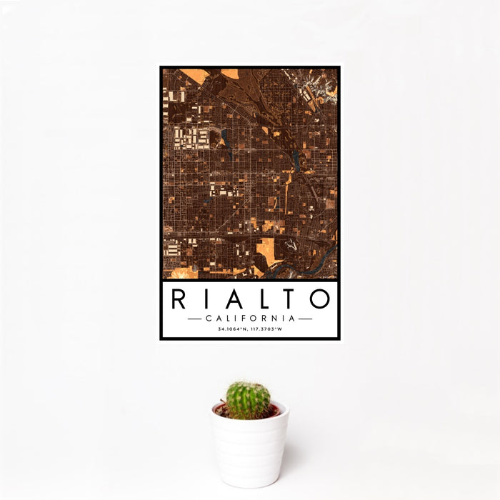 12x18 Rialto California Map Print Portrait Orientation in Ember Style With Small Cactus Plant in White Planter
