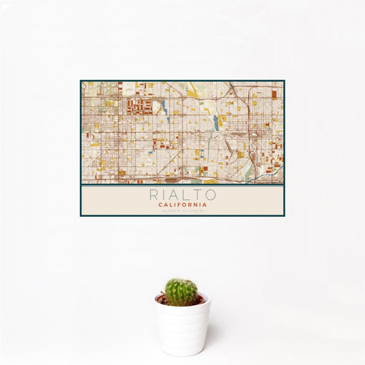 12x18 Rialto California Map Print Landscape Orientation in Woodblock Style With Small Cactus Plant in White Planter