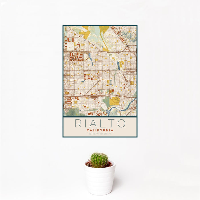 12x18 Rialto California Map Print Portrait Orientation in Woodblock Style With Small Cactus Plant in White Planter