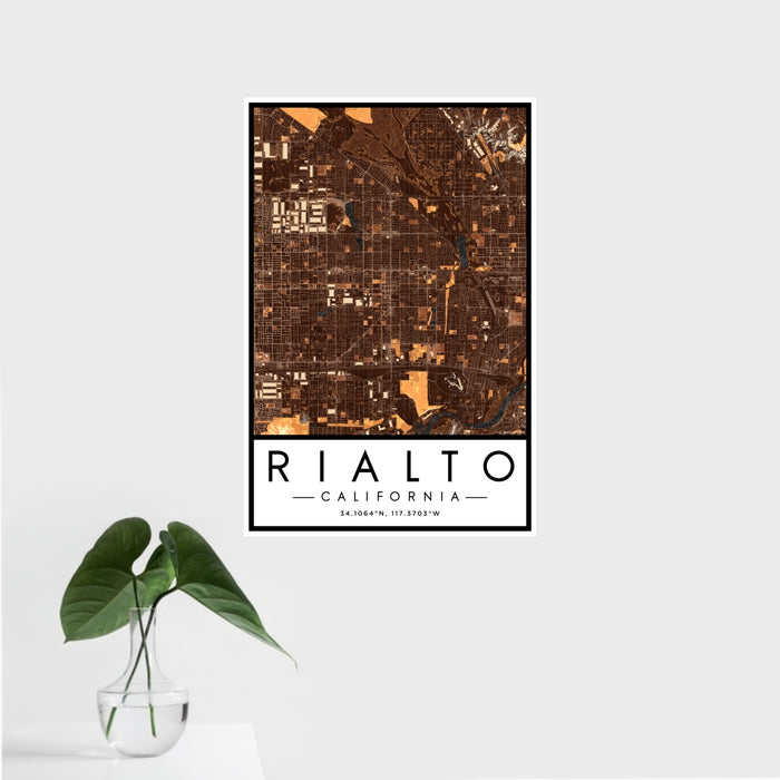 16x24 Rialto California Map Print Portrait Orientation in Ember Style With Tropical Plant Leaves in Water