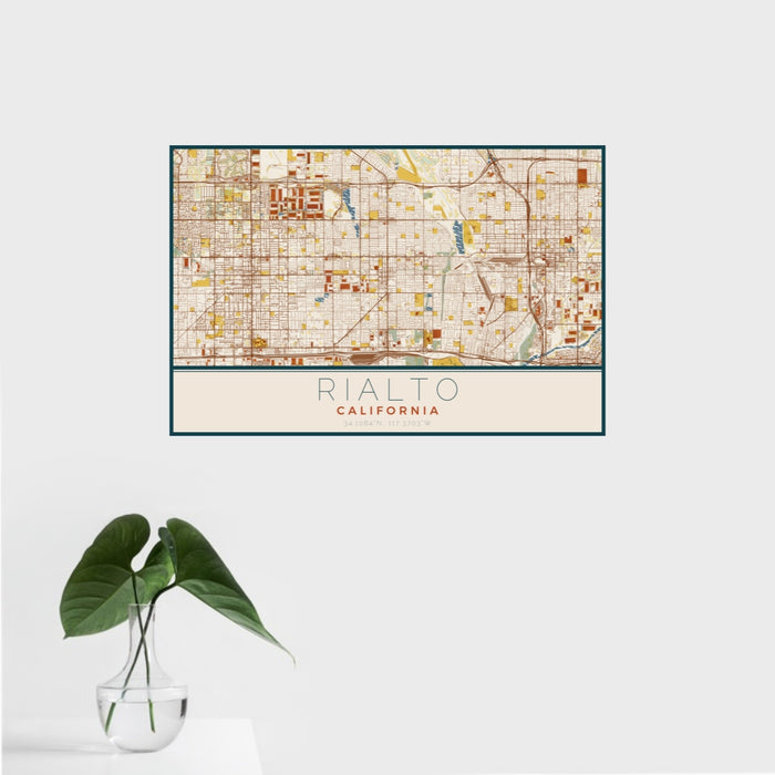 16x24 Rialto California Map Print Landscape Orientation in Woodblock Style With Tropical Plant Leaves in Water