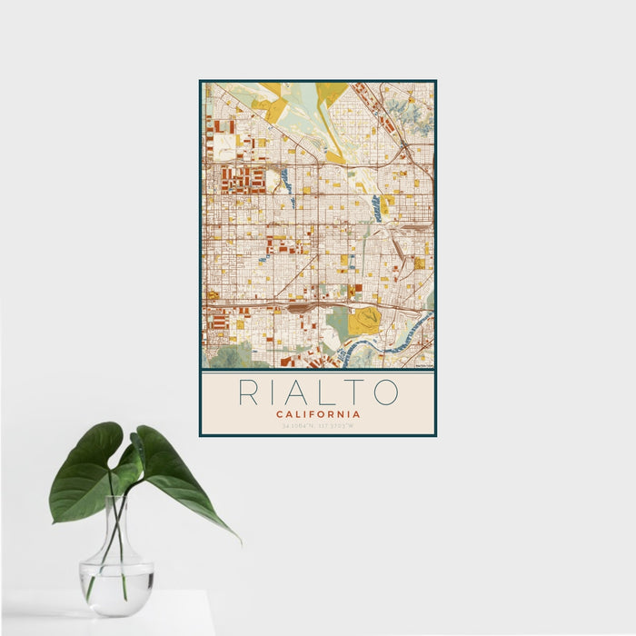 16x24 Rialto California Map Print Portrait Orientation in Woodblock Style With Tropical Plant Leaves in Water